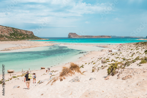 Balos lagoon, crete island, greece: view to gramvoussa island with white sandy beach and turquoise blue water at the main tourist destination near chania