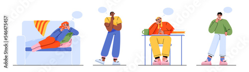Dreaming people, smiling thoughtful young men and women work and relax at home or office workplace. Dreamy male and female characters with thought bubbles over head, Linear flat vector illustration