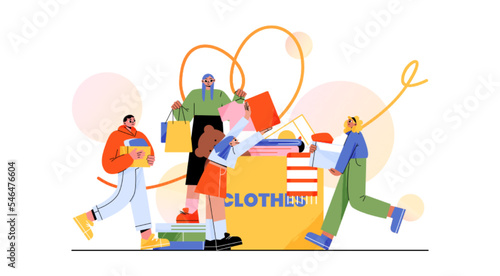Clothes donation, charity concept. Volunteers bringing and collect apparel into carton box for poor, homeless people, beggars, refugees. Second hand clothing reuse, Linear flat vector illustration