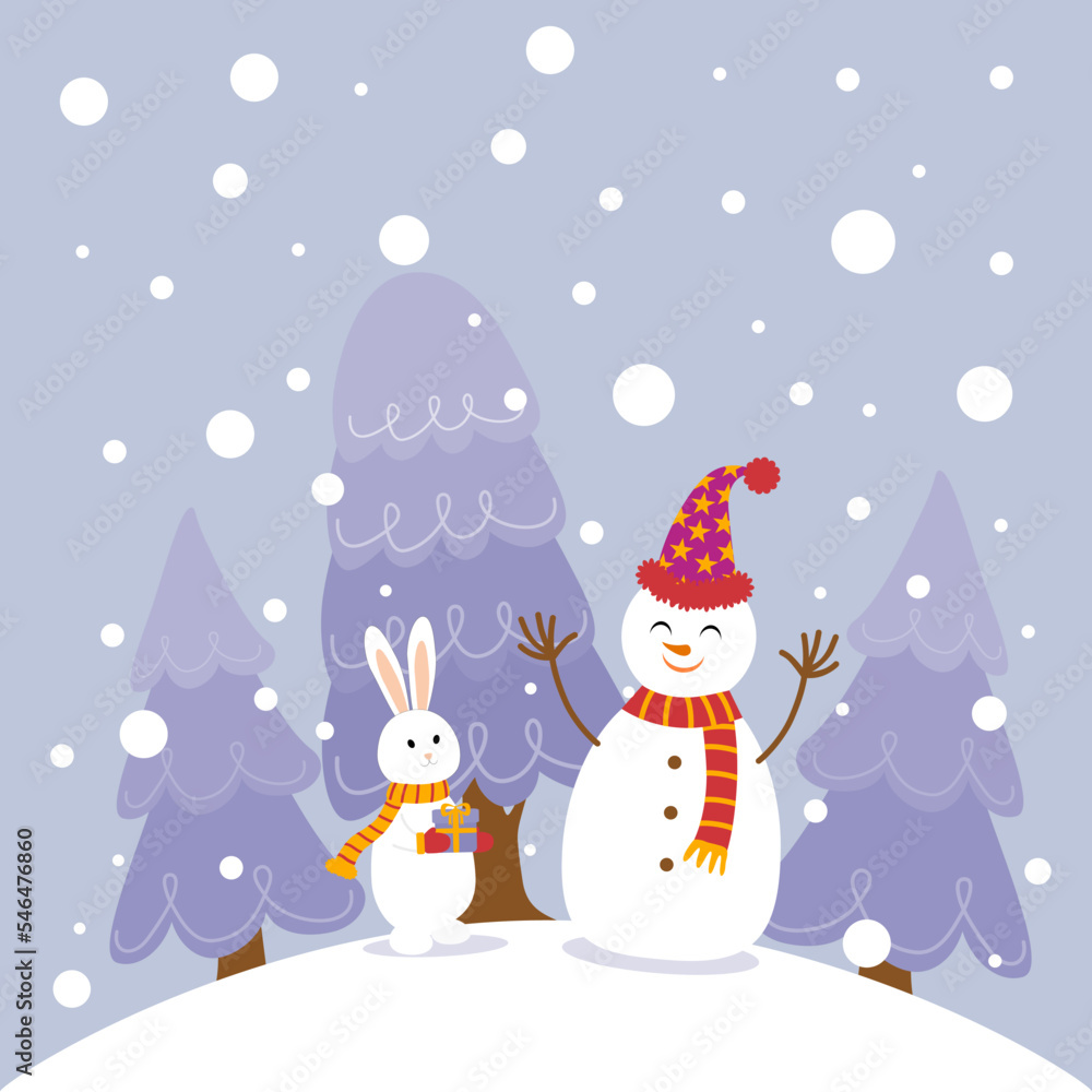 White rabbits and snowman. Christmas illustration.