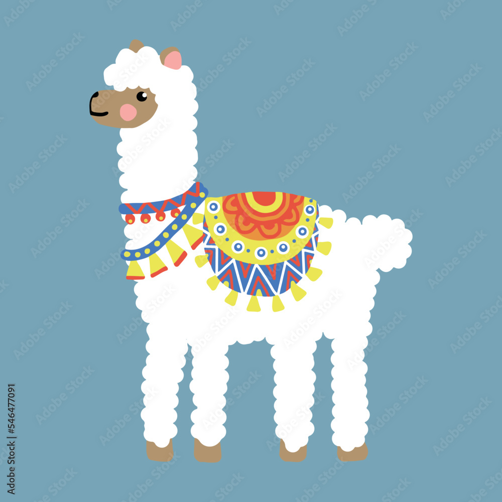 Naklejka premium Cute White Alpaca Illustration with accessories for kids vector suitabe for stationery, kids apparel, fabric and t-shirt 