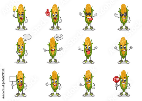 stock vector set of cute corn cartoon mascot with face expression on a white background