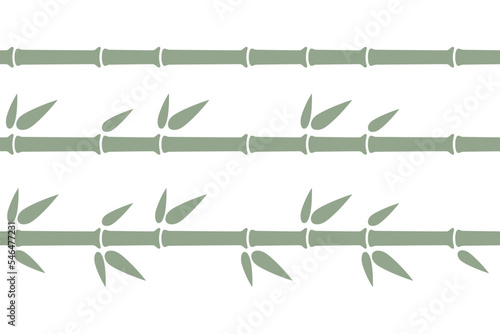 Green bamboo stalk seamless lines. Bamboo branch border with leaves. Vector illustration isolated in flat style on white background.