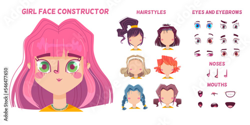 Baby girl face construction, generator of child avatar with different hairstyle, noses, eyes and brows with different emotions isolated on white background, vector cartoon set