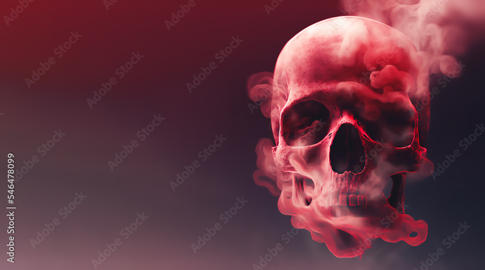 Skull with smoke in red lights, copy space  3d rendering - obrazy, fototapety, plakaty 