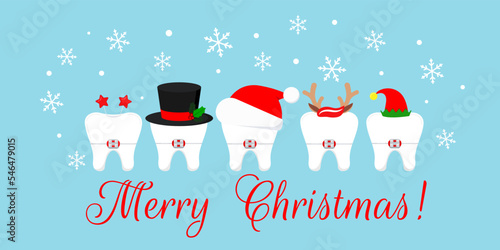 Christmas teeth in braces with xmas accessories on dentist greeting card.