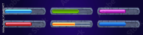 Game progress bars, download or upload status banner. Ui elements for game or web interface, progress indicator with color bar in cracked stone frame, vector cartoon set