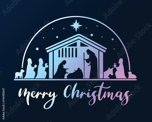 Merry christmas with gradient blue purple Nativity of Jesus scene and Three wise men on dark night with star on dark background vector design