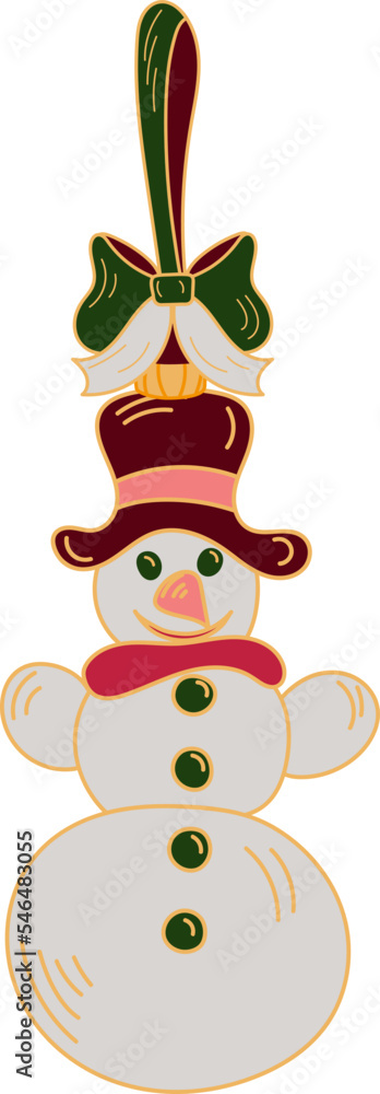 Fototapeta premium Christmas decoration with snowman on green ribbon. Isolated on white background