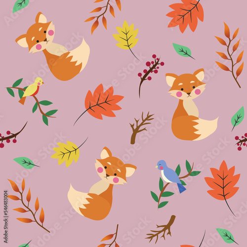  Cute autumn fox leaves and bird seamless pattern vector graphic  for kids clothes  blnket  wallpaper  wrapping paper and book