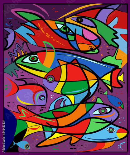 Colorful abstract background, cubism art style,pack of fish