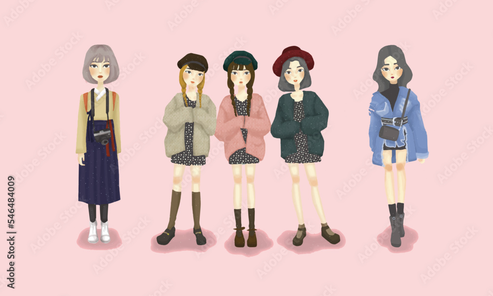 Fototapeta premium cute korean fashion illustration of bestfriends, trendy and edgy girl, and kimono short haired girl. perfect for fashion, kids, social media content. characteror mascot for fashion brands online sho