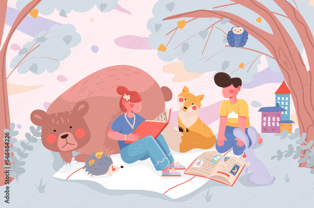 Education banner. Kids read books or learn textbooks with cute animals at picnic in park background. Pupils study at school poster. Illustration for backdrop or placard in flat cartoon design Education banner. Kids read books or learn textbooks with cute animals at picnic in park background. Pupils study at school poster. Illustration for backdrop or placard in flat cartoon design