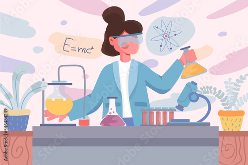 Laboratory banner. Woman scientist doing tests in flasks in lab background. Scientific research on professional equipment poster. Illustration for backdrop or placard in flat cartoon design