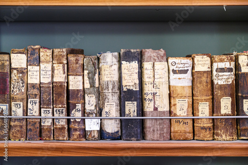 Ancient books on shelfs in the library of Saint Catherine monastery in Sinai mountain