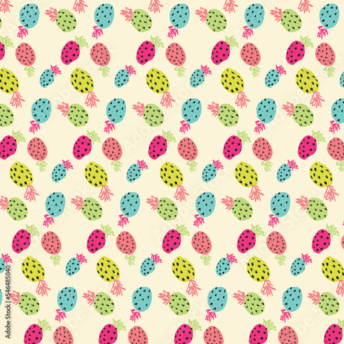 Vector seamless pineapple fruit crazy colors pattern. Childish style, abstract pop art on pink 