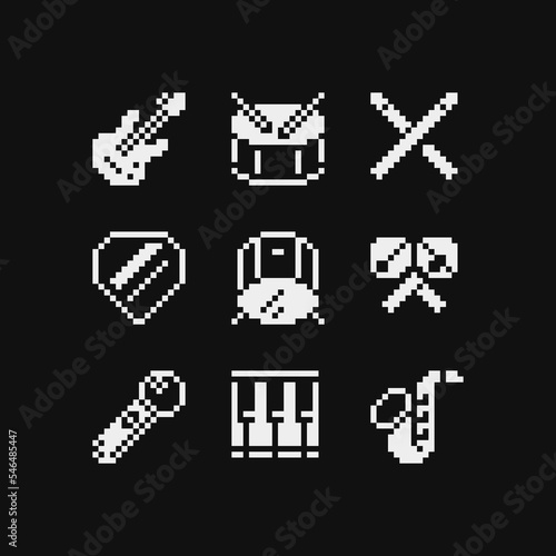 Musical instrument emoji, pixel art web icons set. guitar, drum, sticks, maracas, microphone, piano. Design for logo game, sticker, web, mobile app, badges and patches. Isolated vector.