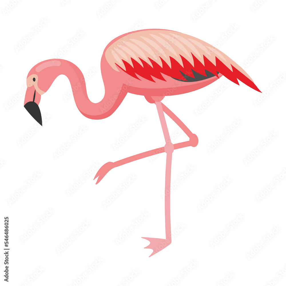 Naklejka premium Flamingo bird cartoon vector illustration. Pink bird flying, standing, eating, showing love. Vacation, wildlife