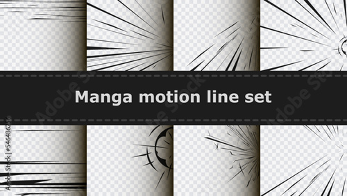 Speed lines as manga comic effect on transparent background collection set. Cartoon anime action background. Vector illustration of explosion motion effect or explosion frame. Explosive glowing flash.