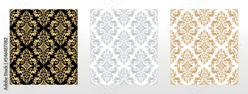 Wallpapers in the style of Baroque. Seamless vector backgrounds. Set of colored floral ornaments. Graphic patterns for fabric, wallpaper, packaging. Ornate Damask flower ornaments