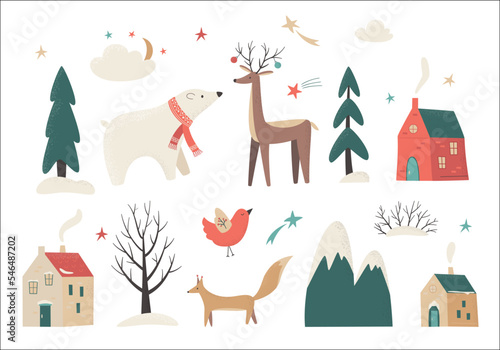Set of Christmas character and elements with cute reindeer, bear, bird, fox, houses, pine trees, stars, cloud, tree and bush. Christmas collection. Retro vector illustration