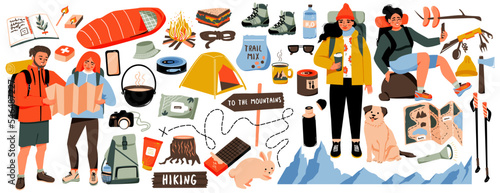 Hiking set. Women and man with backpacks, dog. Items for camping- tent, thermos, first aid kit, bowler, sleeping bag, trekking poles. Travel equipment  for adventure to the mountains. Vector