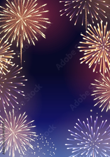 Vector illustration of colorful fireworks in the night sky. For holiday celebrations, greeting cards, posters, banners, flyers.