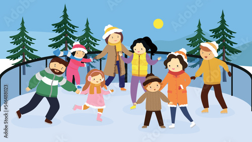 children and adults ride on the skating rink