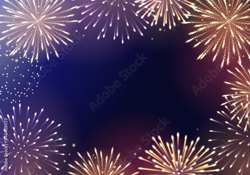 Vector illustration of colorful fireworks in the night sky. For holiday celebrations, greeting cards, posters, banners, flyers.