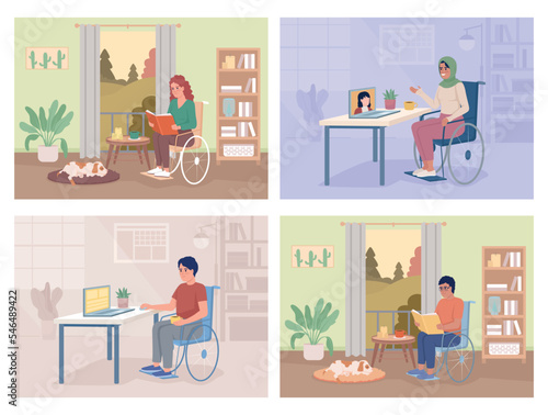 Life with disability flat color vector illustrations set. Resting and working at home. Inclusion benefits. Fully editable 2D simple cartoon interiors collection with living rooms on background