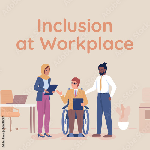 Inclusion at workplace card template. Job for disabled people. Editable social media post design. Flat vector color illustration for poster, web banner, ecard. Quicksand Bold font used