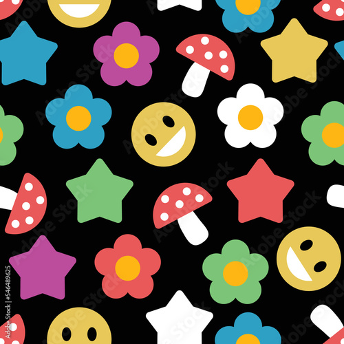 Colorful flowers and mushrooms seamless pattern, retro 60s, 70s hippie style background. Vintage psychedelic textile, fabric, wrapping, wallpaper. Vector repeating magic floral illustration