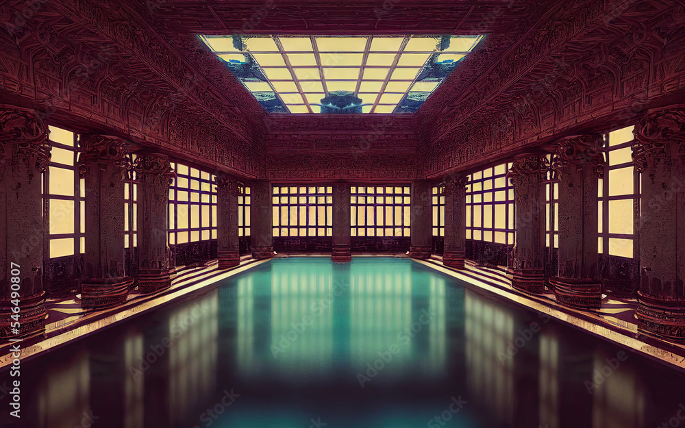 Majestic Palace Hall Interior Swimming Pool Interior. Fantasy Backdrop ...