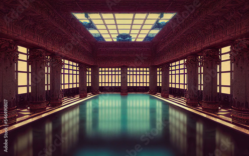 Majestic Palace Hall Interior Swimming Pool Interior. Fantasy Backdrop Concept Art Realistic Illustration Video Game Background. Digital Painting CG Artwork. Scenery Artwork Serious Book Illustration 