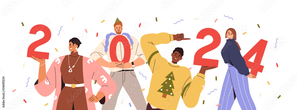 Happy people holding festive 2024 numbers for New Year celebration. Smiling men, women team, group celebrating winter holiday at newyear party. Flat vector illustration isolated on white background Happy people holding festive 2024 numbers for New Year celebration. Smiling men, women team, group celebrating winter holiday at newyear party. Flat vector illustration isolated on white background