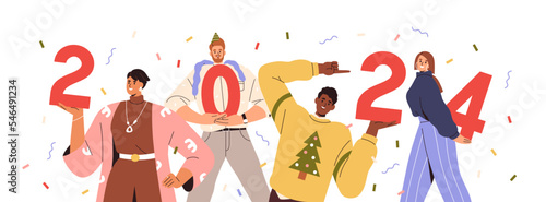 Happy people holding festive 2024 numbers for New Year celebration. Smiling men, women team, group celebrating winter holiday at newyear party. Flat vector illustration isolated on white background