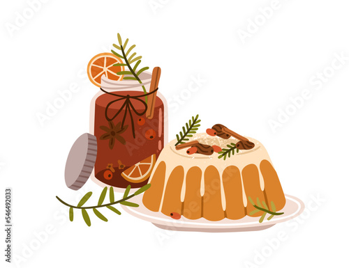 Christmas dessert and drink. Festive pudding and hot mulled wine in glass. Xm...