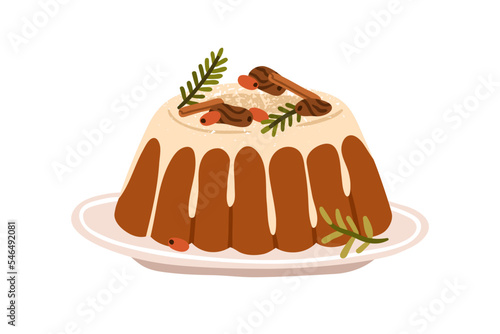 Christmas pudding, traditional holiday dessert. English chocolate cake with decoration, icing for Xmas. Festive sweet food with glaze, cinnamon. Flat vector illustration isolated on white background