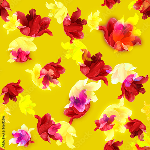 Fototapeta Naklejka Na Ścianę i Meble -  Romantic seamless tulip vintage pattern. Floral background retro pastel colors. Realistic botanical illustration with flowers
