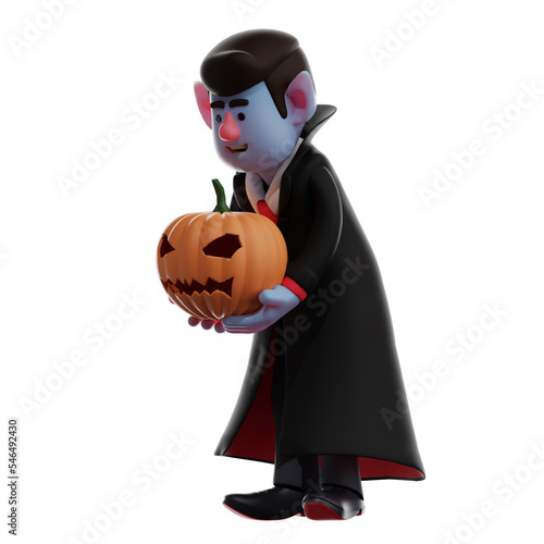  3D illustration. 3D Dracula Vampire Character hugging a heavy pumpkin. showing an objectionable facial expression. has a blue face. 3D Cartoon Character photo