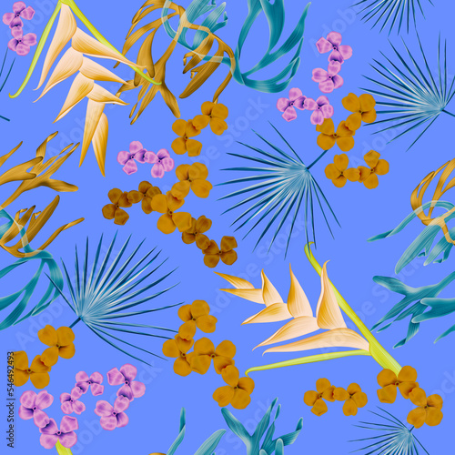 Seamless pattern with Tropical flowers and leaves design. Stylish trendy fashion floral pattern (ID: 546492493)