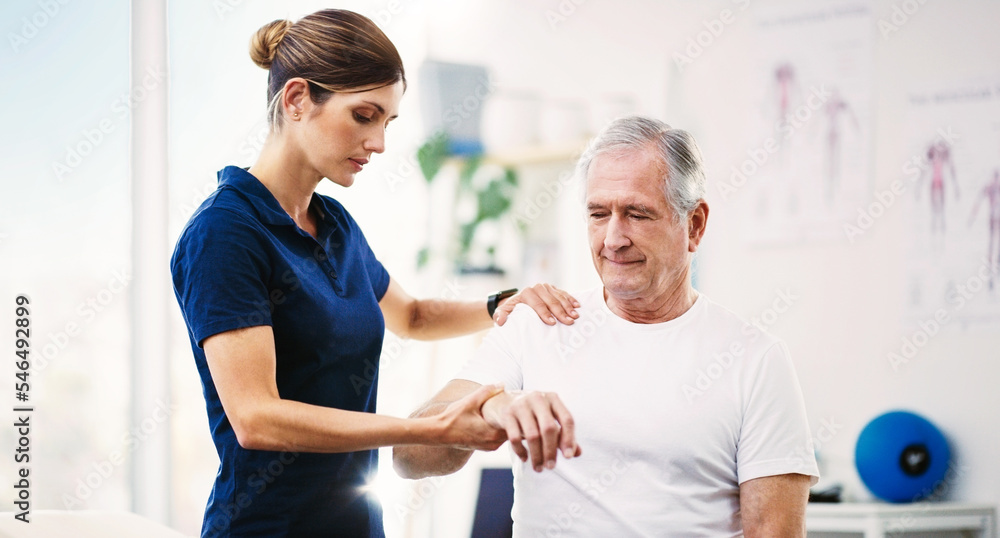 Nurse, patient and physical therapy for elderly care, medical or healthcare support at the clinic. Woman physiotherapist or chiropractor helping mature man in physiotherapy or arm stretching Nurse, patient and physical therapy for elderly care, medical or healthcare support at the clinic. Woman physiotherapist or chiropractor helping mature man in physiotherapy or arm stretching