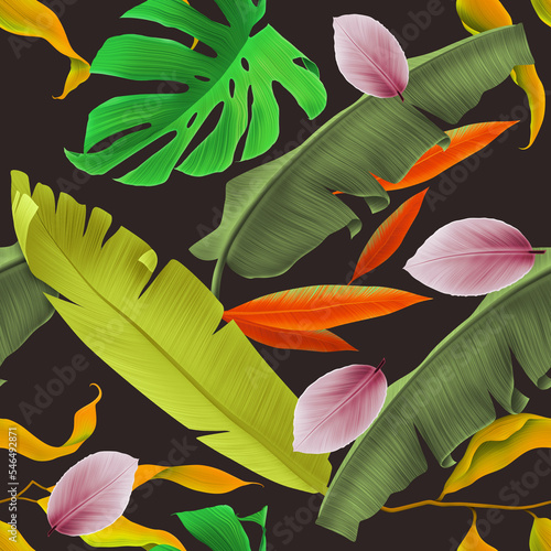 Seamless pattern with Tropical flowers and leaves design. Stylish trendy fashion floral pattern (ID: 546492871)
