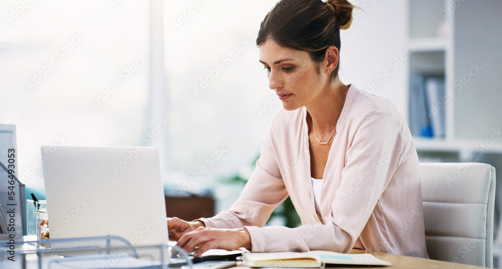 Email, communication and business woman with a laptop for networking, planning and working in administration. Corporate, internet and employee typing on a computer as a receptionist or secretary Email, communication and business woman with a laptop for networking, planning and working in administration. Corporate, internet and employee typing on a computer as a receptionist or secretary