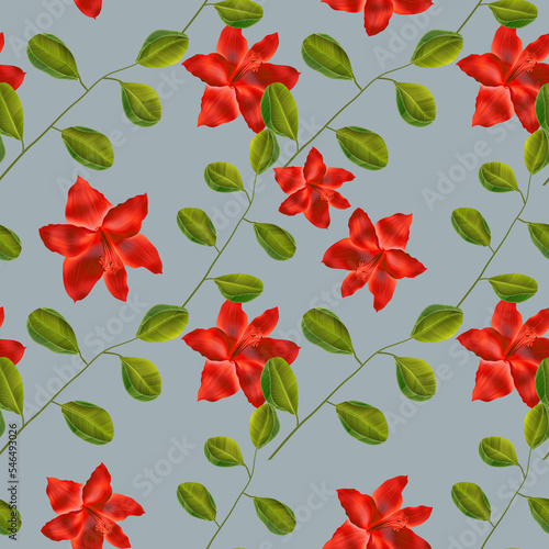 Seamless pattern with Tropical flowers and leaves design. Stylish trendy fashion floral pattern (ID: 546493026)