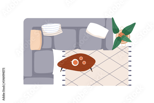 Living room interior design, top view. Corner sofa, cushions, coffee table, carpet and potted plant in apartment, lounge chill area overhead. Flat vector illustration isolated on white background