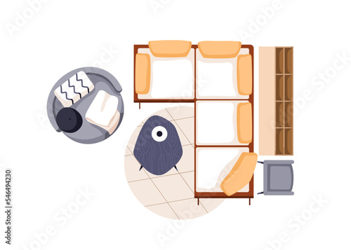 Living room interior design overhead. Corner sofa, couch, armchair, cushions,...
