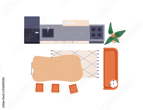 Kitchen set and dining table top view. Overhead room with furniture, eating a...