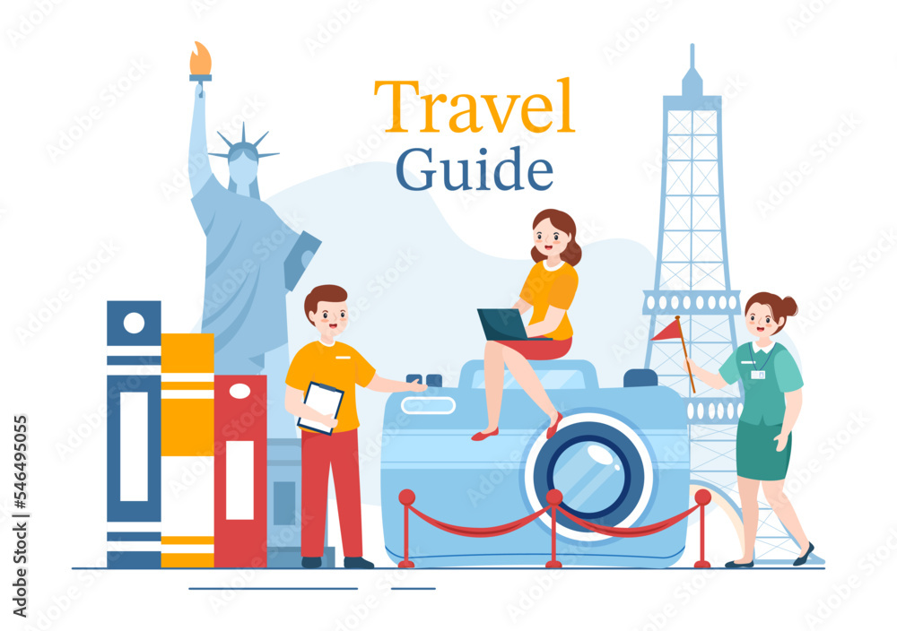 Fototapeta premium Travel Guide and Tour with Showing Interesting Places to Group of Tourist for Planning Vacation in Flat Cartoon Hand Drawn Templates Illustration