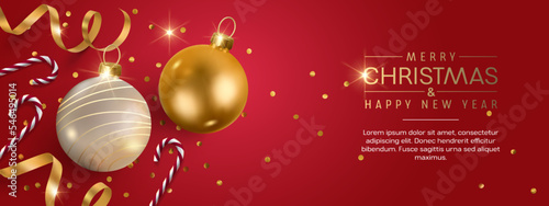 Happy new year vector illustration, background. Elegant Christmas banner with realistic 3d elements on red